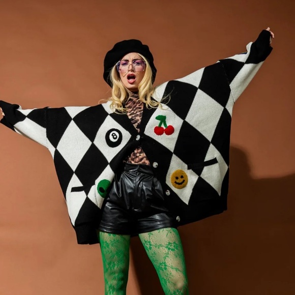 Dressed in Lala Icon Behavior Patched Oversized Cotton Blend Cardigan - Picture 4 of 10